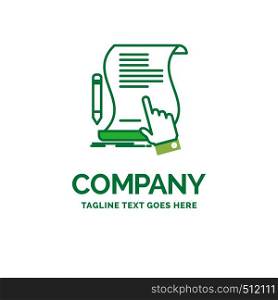 contract, document, paper, sign, agreement, application Flat Business Logo template. Creative Green Brand Name Design.