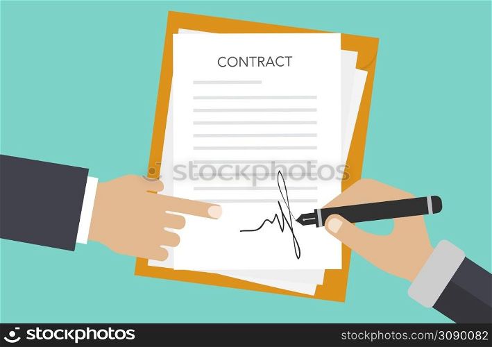 Contract signing. A male left hand holds a document, the right hand signs. Modern concept for web banners, web sites, infographics. Flat style. Vector.. Contract signing. A male left hand holds a document, the right hand signs. Modern concept for web banners, web sites, infographics.