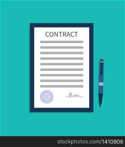 Contract with signature. Document of agreement. Write sign in paper is consent on legal work, trade, business and rental. Approval of license or certificate. Fake finance deal with seal. Vector.. Contract with signature. Document of agreement. Write sign in paper is consent on legal work, trade, business and rental. Approval of license or certificate. Fake finance deal with seal. Vector