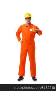 Contractor employee wearing coveralls isolated on white