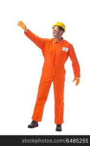 Contractor employee wearing coveralls isolated on white