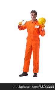 Contractor employee wearing coveralls isolated on white