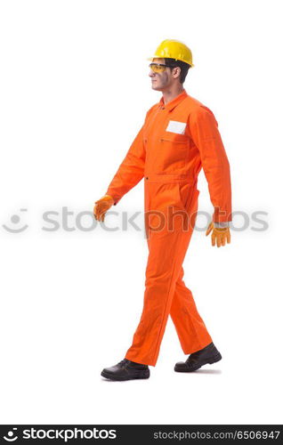 Contractor employee wearing coveralls isolated on white