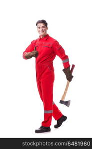 Contractor employee with axe on white background