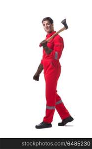 Contractor employee with axe on white background