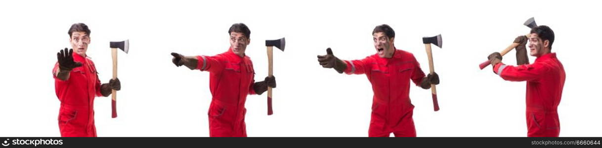 Contractor employee with axe on white background