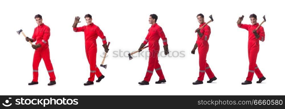 Contractor employee with axe on white background . Contractor employee with axe on white background