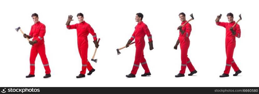 Contractor employee with axe on white background . Contractor employee with axe on white background