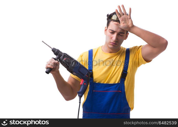 Contractor employee with hand power drill on white background