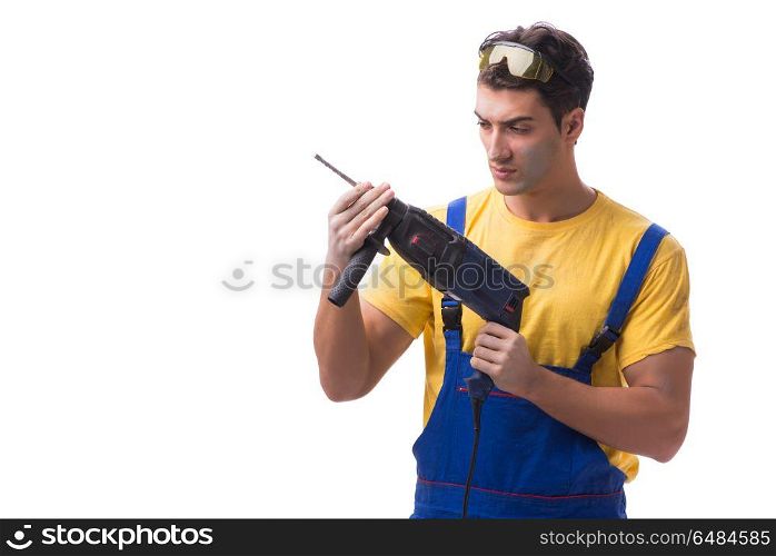 Contractor employee with hand power drill on white background