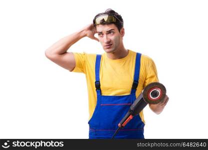 Contractor employee with sander isolated on white background
