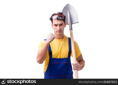 Contractor in blue coveralls with spade on white background