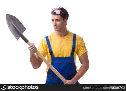 Contractor in blue coveralls with spade on white background