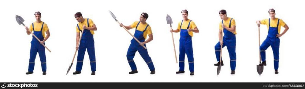 Contractor in blue coveralls with spade on white background
