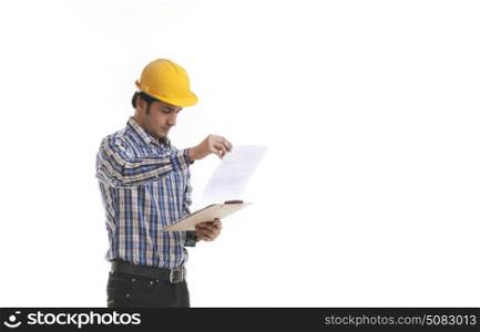 Contractor looking at blueprint