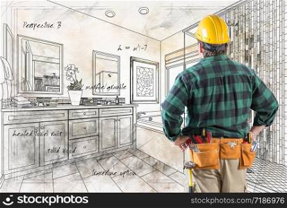 Contractor With Hard Hat and Tool Belt Facing Custom Master Bathroom Design Drawing Details .