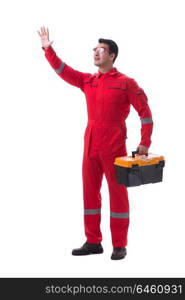 Contractor worker in red coveralls with toolbox isolated on white. Contractor worker in red coveralls with toolbox isolated on whit