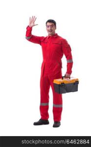 Contractor worker in red coveralls with toolbox isolated on white. Contractor worker in red coveralls with toolbox isolated on whit