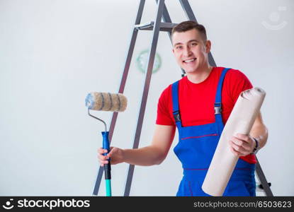 Contractor worker preparing for wallpaper decoration