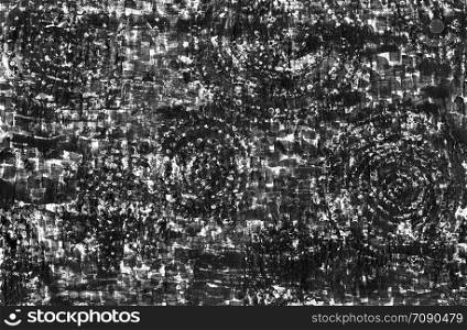 Contrast graphic abstract grunge background. Black and white rough texture with scratches, dots, lines, concentric circles, strokes and stains. The texture of the brush, hand drawing.. Contrast graphic abstract grunge background.