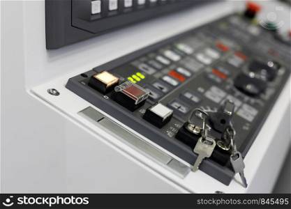 Control panel of CAM (computer-aided manufacturing) equipment. Selective focus.