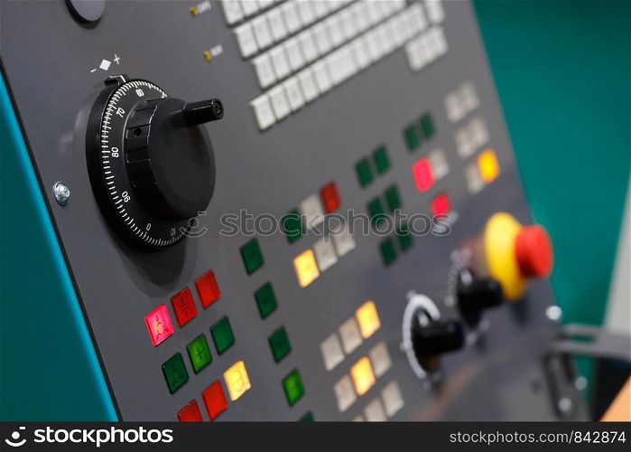 Control panel of cnc lathe machine. Selective focus.