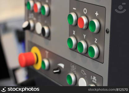 Control panel of CNC machining center. Closeup view.