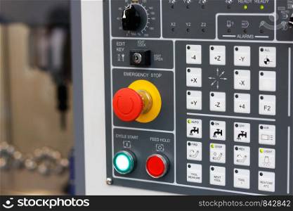 Control panel of cnc milling center. Selective focus.