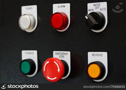 Control panel of industrial equipment. Close up view. Shallow depth of field.