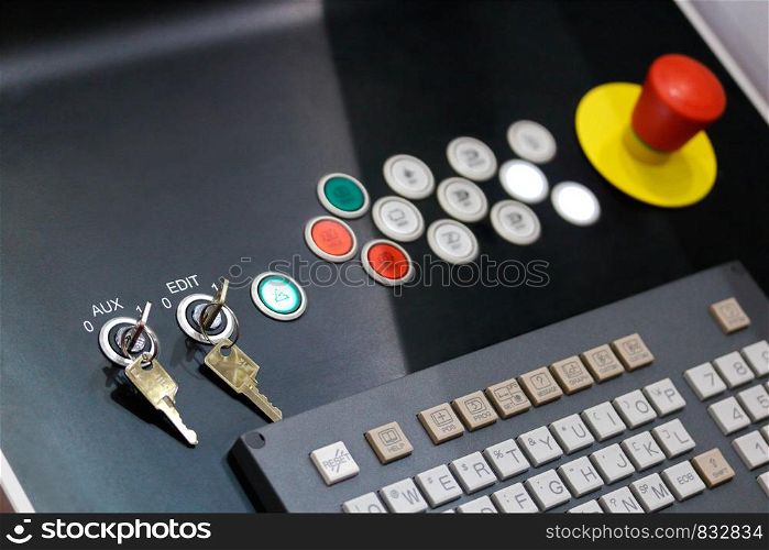 Control panel of modern cnc industrial equipment. Selective focus.