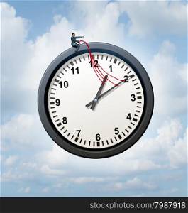 Control your time concept and taking charge of your business schedule symbol as a businessman providing guidance to a flying clock metaphor in the sky.