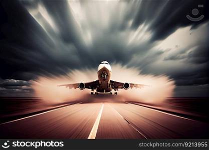 controlled landing on the runway with blurred background of passing clouds, created with generative ai. controlled landing on the runway with blurred background of passing clouds