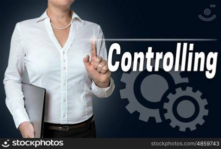 controlling touchscreen is served by businesswoman. controlling touchscreen is served by businesswoman.