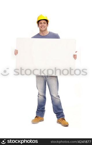 Contrsuction worker with placard