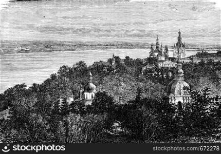 Convent Saint Theodosia in Kiev, vintage engraved illustration. Le Tour du Monde, Travel Journal, (1872).