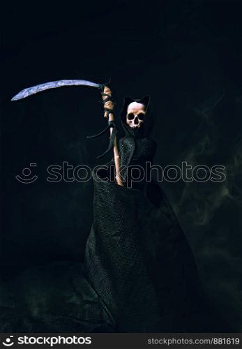 conventional death symbol with a slanting skull in a dark robe with a hood on a dark background. grim Reaper Dark