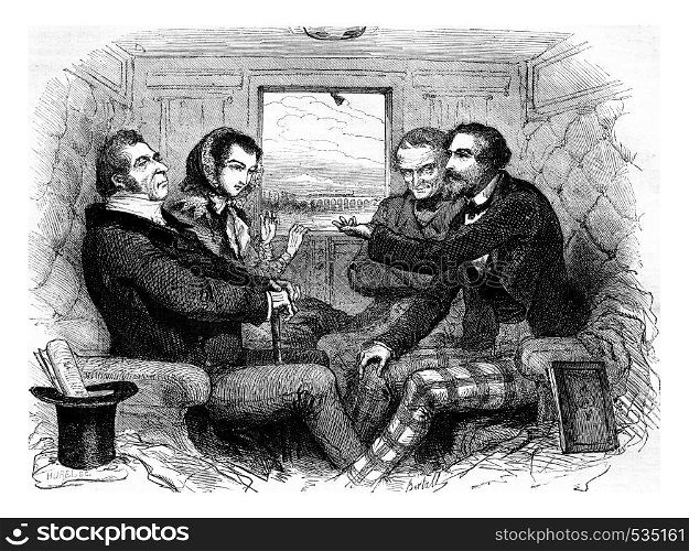 Conversation in a wagon, vintage engraved illustration. Magasin Pittoresque 1855.