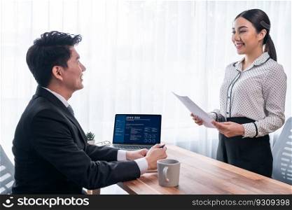 Conversational job interview between interviewer and candidate. HR manager asking about candidate qualifications and application for job position with resume. Job employment for applicant. Jubilant. Conversational job interview between interviewer and candidate. Jubilant
