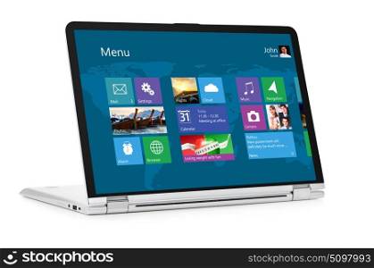Convertible laptop computer with operating system. Convertible laptop computer with operating system interface on screen isolated on white background