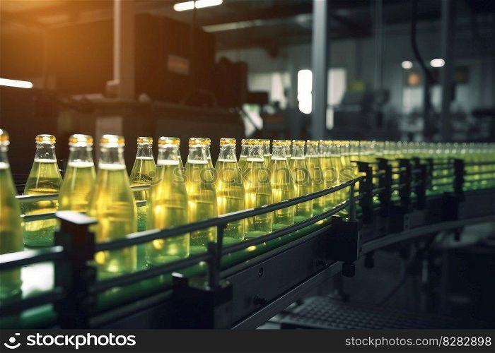 Conveyor belt green soda. Bottle shape. Generate Ai. Conveyor belt green soda. Generate Ai