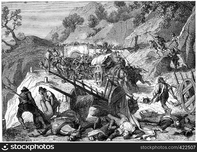 Convoys of wounded surprised and massacres by the guerrillas, vintage engraved illustration. History of France ? 1885.