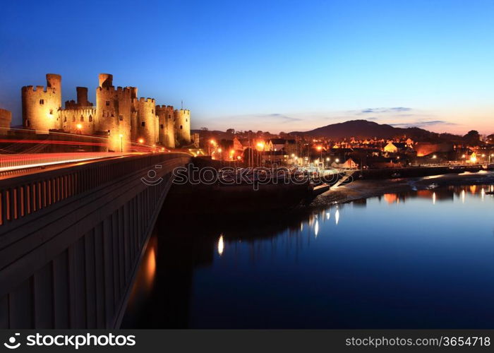 Conwy castle at dusk in north Wales UK