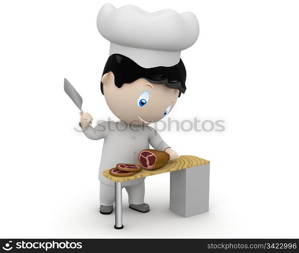 Cook at work! Social 3D characters: happy smiling cook in uniform cuting ham. New constantly growing collection of expressive unique multiuse people images. Concept for cooking illustration. Isolated.