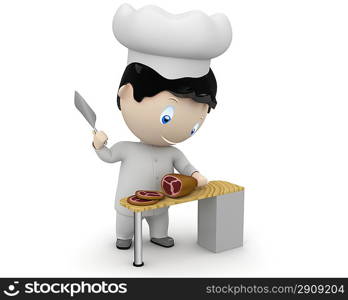 Cook at work! Social 3D characters happy smiling cook in uniform cutting ham. New constantly growing collection of expressive unique multiuse people images. Concept for cooking illustration. Isolated.