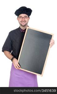 Cook man with black uniform and blackboard isolated on white background
