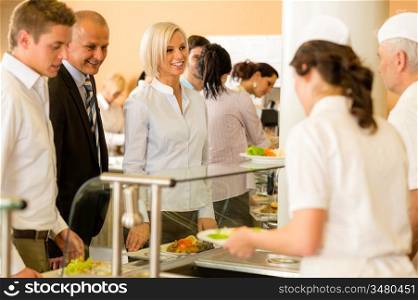 Cook serve meals business woman take lunch in cafeteria