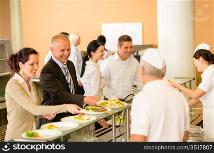 Cook serve meals business woman take lunch in cafeteria