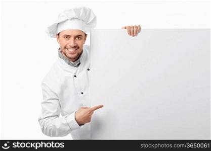 Cook showed to an empty board on a white background