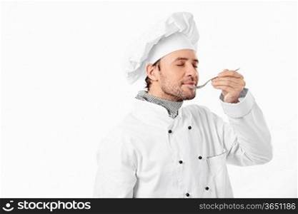 Cook with spoon on white background