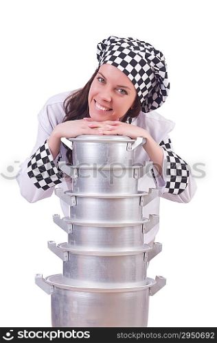 Cook with stack of pots on white